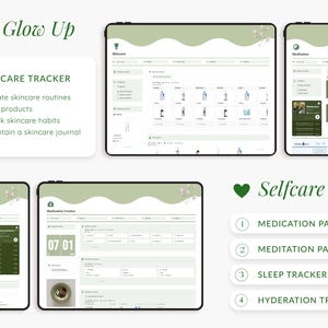 May include: A digital self-care app interface with a green and white color scheme. The app features a skincare tracker, medication page, meditation page, sleep tracker, and hydration tracker. The app is designed to help users manage their self-care.