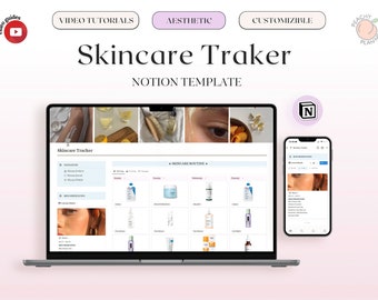 May include: A laptop and a smartphone displaying a Notion template for a skincare tracker. The template includes sections for a skincare routine, product list, and notes. The template is designed to be aesthetically pleasing and customizable.