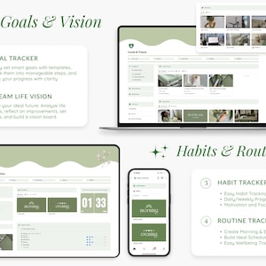May include: A digital screen displaying a goal tracker and habit tracker. The screen is divided into two sections, one for goals and one for habits. The goal tracker section has a list of goals, and the habit tracker section has a list of habits. The screen is green and white.