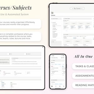Puede incluir: Una captura de pantalla de una pantalla de computadora que muestra un programa para organizar cursos y materias. El programa tiene un fondo blanco y un dise&ntilde;o simple y limpio. El texto "Courses/Subjects" se muestra en la parte superior de la pantalla, seguido del texto "Easy To Use & Automated System". El programa permite a los usuarios crear y administrar cursos, agregar tareas, asignaciones, ex&aacute;menes, notas y conferencias. El programa tambi&eacute;n incluye una funci&oacute;n para monitorear el progreso. El texto "All In One Place" se muestra en la parte inferior de la pantalla, seguido de una lista de funciones: "TASKS & CLASS NOTES", "ASSIGNMENTS & EXAMS" y "READING MATERIALS".