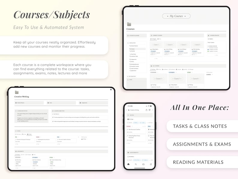 Puede incluir: Una captura de pantalla de una pantalla de computadora que muestra un programa para organizar cursos y materias. El programa tiene un fondo blanco y un dise&ntilde;o simple y limpio. El texto "Courses/Subjects" se muestra en la parte superior de la pantalla, seguido del texto "Easy To Use & Automated System". El programa permite a los usuarios crear y administrar cursos, agregar tareas, asignaciones, ex&aacute;menes, notas y conferencias. El programa tambi&eacute;n incluye una funci&oacute;n para monitorear el progreso. El texto "All In One Place" se muestra en la parte inferior de la pantalla, seguido de una lista de funciones: "TASKS & CLASS NOTES", "ASSIGNMENTS & EXAMS" y "READING MATERIALS".