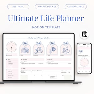 Puede incluir: Un portátil y un teléfono inteligente muestran una plantilla de Notion para un planificador de vida definitivo. La plantilla incluye un calendario, listas de tareas y una sección para actualizaciones diarias. La plantilla está diseñada con un esquema de color rosa claro y azul e incluye ilustraciones decorativas.