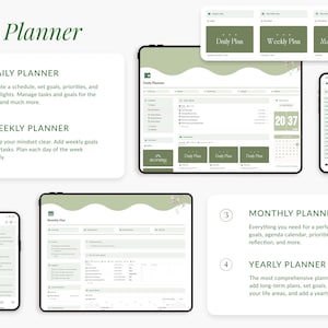 May include: A digital planner app with a green and white color scheme. The app features daily, weekly, and monthly planning sections. The app is shown on a computer screen and a smartphone.