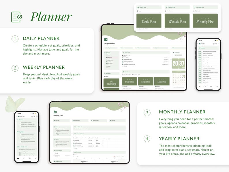 May include: A digital planner app with a green and white color scheme. The app features daily, weekly, and monthly planning sections. The app is shown on a computer screen and a smartphone.