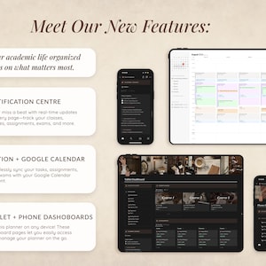 May include: A screenshot of a website showing features of a digital planner app. The app has a notification center, integrates with Google Calendar and Notion, and has tablet and phone dashboards. The image shows a calendar view, a dashboard view, and a phone view of the app.