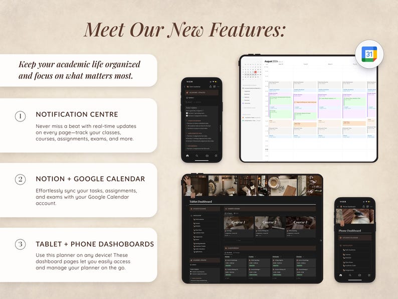May include: A screenshot of a website showing features of a digital planner app. The app has a notification center, integrates with Google Calendar and Notion, and has tablet and phone dashboards. The image shows a calendar view, a dashboard view, and a phone view of the app.