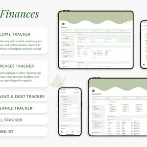 May include: A screenshot of a website with a green and white color scheme. The website is for a financial tracker app. The website has a list of features, including income tracker, expenses tracker, saving & debt tracker, balance tracker, bill tracker, and wishlist. The website also has a screenshot of the app's interface, which shows a table with columns for date, category, amount, and notes.