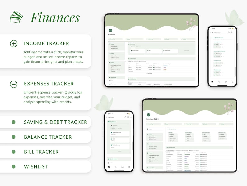 May include: A screenshot of a website with a green and white color scheme. The website is for a financial tracker app. The website has a list of features, including income tracker, expenses tracker, saving & debt tracker, balance tracker, bill tracker, and wishlist. The website also has a screenshot of the app's interface, which shows a table with columns for date, category, amount, and notes.