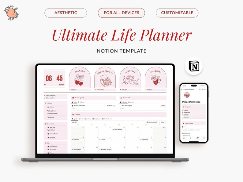 2026 Notion Life Planner Template, Coquette Dashboard (Digital Download) image 1