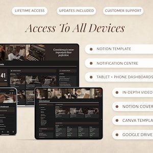 May include: A mockup of a dark academia themed online course platform, showing a desktop, tablet, and phone screen. The screens display a course dashboard with a timer, course modules, and a phone dashboard. The text "Consistency is more important than perfection" is displayed on the desktop screen. The image also includes a list of features, including a Notion template, notification center, tablet and phone dashboards, in-depth video guides, Notion covers, Canva templates, and a Google Drive folder.