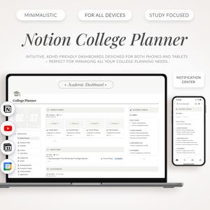 Könnte beinhalten: Ein Laptop-Computer, der ein Notion College Planner-Dashboard mit weißem Hintergrund und grauem Text anzeigt. Das Dashboard ist in Abschnitte für akademische Aufgaben, Aufgaben und Benachrichtigungen unterteilt. Der Laptop befindet sich auf einer weißen Oberfläche. Rechts neben dem Laptop ist ein Smartphone zu sehen, das ein ähnliches Dashboard anzeigt.