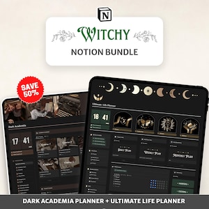 Puede incluir: Una pantalla digital que muestra un planificador de academia oscura y un planificador de vida definitivo. El planificador presenta un fondo oscuro con texto verde y blanco. El planificador de vida presenta un fondo negro con acentos dorados y fases lunares.