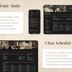 May include: A screenshot of a computer screen showing a dark-themed app with a calendar and task management features. The app is designed to help students organize their academic tasks and class schedules. The text on the screen reads "Academic Tasks" and "Class Schedule".