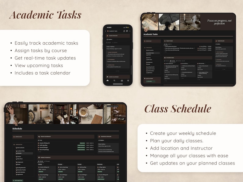 May include: A screenshot of a computer screen showing a dark-themed app with a calendar and task management features. The app is designed to help students organize their academic tasks and class schedules. The text on the screen reads "Academic Tasks" and "Class Schedule".