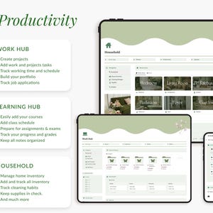 May include: A screenshot of a website interface with a green and white color scheme. The website is divided into three sections: Work Hub, Learning Hub, and Household. Each section has a list of features, such as creating projects, adding courses, and managing home inventory. The website also includes a calendar and a to-do list.