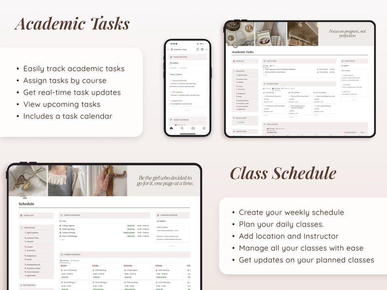K&ouml;nnte beinhalten: Ein Screenshot einer Website, die einen digitalen Planer f&uuml;r Studenten zeigt. Der Planer hat Abschnitte f&uuml;r akademische Aufgaben, Stundenpl&auml;ne und Notizen. Die Website ist minimalistisch gestaltet und hat einen hellrosa Hintergrund mit braunem Text.