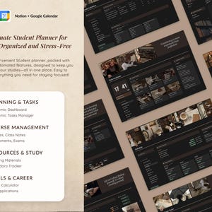 May include: A dark-themed Notion workspace with a light brown background. The workspace is divided into sections with headings such as "Planning & Tasks", "Course Management", "Resources & Study", and "Tools & Career". The workspace includes a calendar with the date "17 41" displayed.