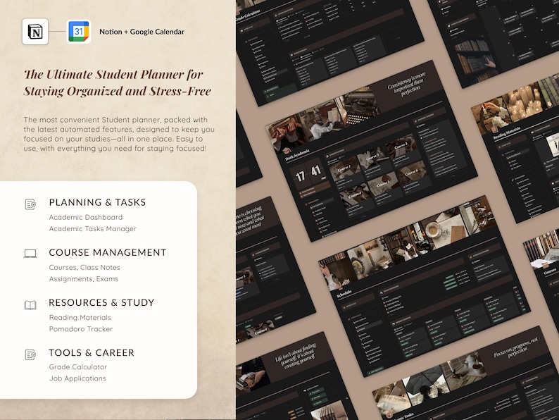 May include: A dark-themed Notion workspace with a light brown background. The workspace is divided into sections with headings such as "Planning & Tasks", "Course Management", "Resources & Study", and "Tools & Career". The workspace includes a calendar with the date "17 41" displayed.