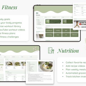 May include: A digital screen displaying a fitness app with a green and white color scheme. The app features sections for workouts, meal planning, and nutrition. The text on the screen reads "Fitness", "Workouts", "Meal Planner", and "Nutrition".