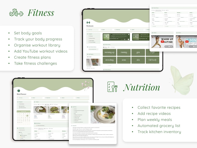 May include: A digital screen displaying a fitness app with a green and white color scheme. The app features sections for workouts, meal planning, and nutrition. The text on the screen reads "Fitness", "Workouts", "Meal Planner", and "Nutrition".