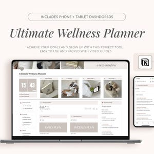 Ultimate Wellness Notion Template | Planejador tudo-em-um | Planejador That Girl Glow Up | Metas, hábitos, saúde, condicionamento físico, nutrição, beleza