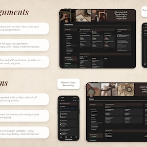 May include: A dark-themed app interface with a list of assignments and exams. The app features a calendar view, progress tracking, and real-time updates. The app is designed to help students stay organized and on top of their schoolwork.