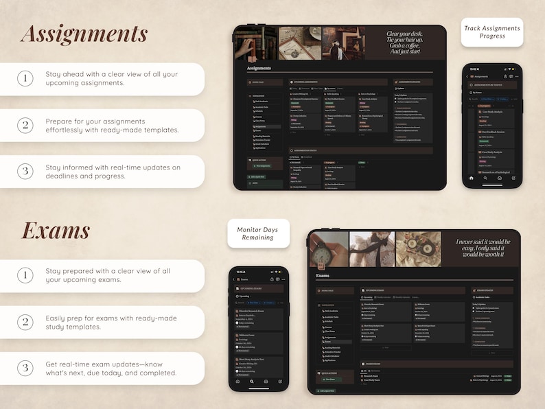 May include: A dark-themed app interface with a list of assignments and exams. The app features a calendar view, progress tracking, and real-time updates. The app is designed to help students stay organized and on top of their schoolwork.