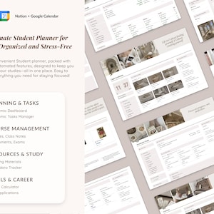 K&ouml;nnte beinhalten: Ein digitaler Planer f&uuml;r Studenten, der ihnen helfen soll, organisiert und stressfrei zu bleiben. Der Planer enth&auml;lt Abschnitte f&uuml;r Planung und Aufgaben, Kursmanagement, Ressourcen und Lernen sowie Tools und Karriere. Der Planer ist f&uuml;r die Verwendung mit Notion und Google Calendar konzipiert.