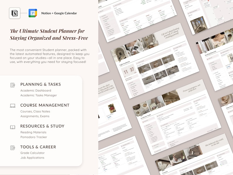 K&ouml;nnte beinhalten: Ein digitaler Planer f&uuml;r Studenten, der ihnen helfen soll, organisiert und stressfrei zu bleiben. Der Planer enth&auml;lt Abschnitte f&uuml;r Planung und Aufgaben, Kursmanagement, Ressourcen und Lernen sowie Tools und Karriere. Der Planer ist f&uuml;r die Verwendung mit Notion und Google Calendar konzipiert.