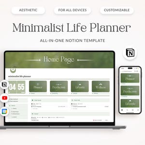 May include: A laptop and a smartphone display a minimalist life planner template for Notion. The template includes sections for planning, productivity, lifestyle, and wellness. The template is designed to be aesthetic and customizable.