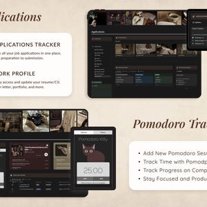 May include: A screenshot of a computer screen showing a dark-themed application with the title "Applications". The application has two sections: "Applications Tracker" and "Work Profile". The "Applications Tracker" section has a list of job applications, and the "Work Profile" section has a list of resume/CV, cover letter, portfolio, and more. The screenshot also shows a Pomodoro timer with a cat illustration and the text "Pomodoro Kitty".