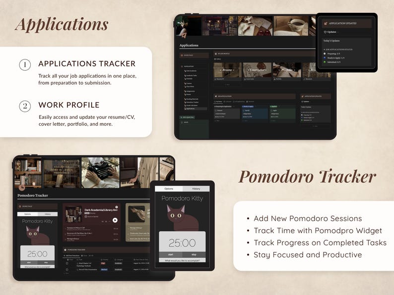 May include: A screenshot of a computer screen showing a dark-themed application with the title "Applications". The application has two sections: "Applications Tracker" and "Work Profile". The "Applications Tracker" section has a list of job applications, and the "Work Profile" section has a list of resume/CV, cover letter, portfolio, and more. The screenshot also shows a Pomodoro timer with a cat illustration and the text "Pomodoro Kitty".