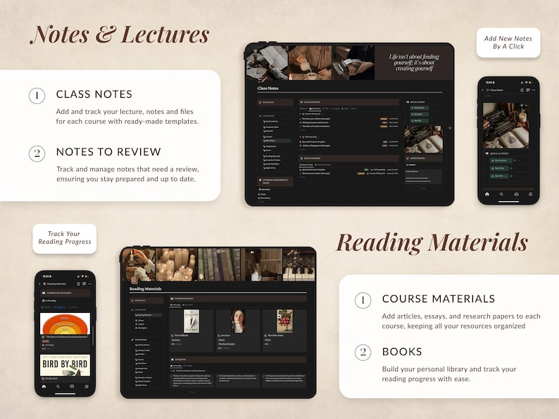 May include: A screenshot of a mobile app interface showing features for organizing notes and lectures, and reading materials. The app has a dark mode interface with a brown background. The app features include class notes, notes to review, course materials, and books. The app also allows users to track their reading progress.