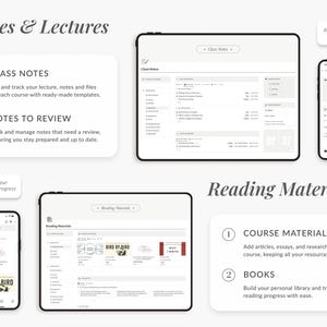 May include: A screenshot of a website showing a digital planner for students. The planner has sections for class notes, notes to review, reading materials, and course materials. The website is designed to help students organize their studies and track their progress.
