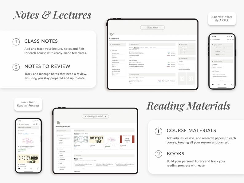 May include: A screenshot of a website showing a digital planner for students. The planner has sections for class notes, notes to review, reading materials, and course materials. The website is designed to help students organize their studies and track their progress.