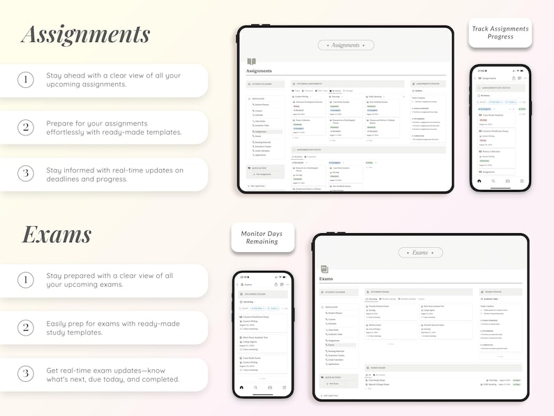 Puede incluir: Una captura de pantalla de la interfaz de una aplicaci&oacute;n m&oacute;vil que muestra una lista de tareas y ex&aacute;menes. La aplicaci&oacute;n permite a los usuarios realizar un seguimiento de su progreso y mantenerse organizados con las fechas l&iacute;mite y las actualizaciones.