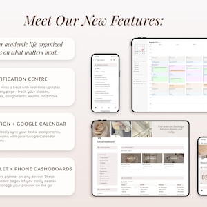 K&ouml;nnte beinhalten: Ein Screenshot einer Website, die die Funktionen einer digitalen Planer-App zeigt. Die App verf&uuml;gt &uuml;ber ein Benachrichtigungszentrum, integriert sich in Notion und Google Kalender und bietet Tablet- und Telefon-Dashboards. Das Bild zeigt eine Kalenderansicht, eine Dashboard-Ansicht und eine Telefonansicht der App.