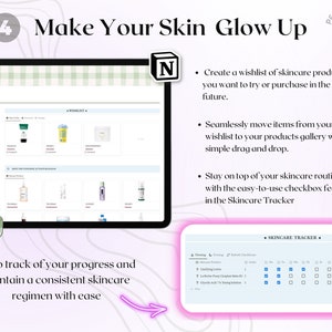 May include: A computer screen displaying a skincare wishlist and tracker. The screen shows a list of skincare products with checkboxes to track usage. The text on the screen reads "Skincare Wishlist" and "Skincare Tracker".