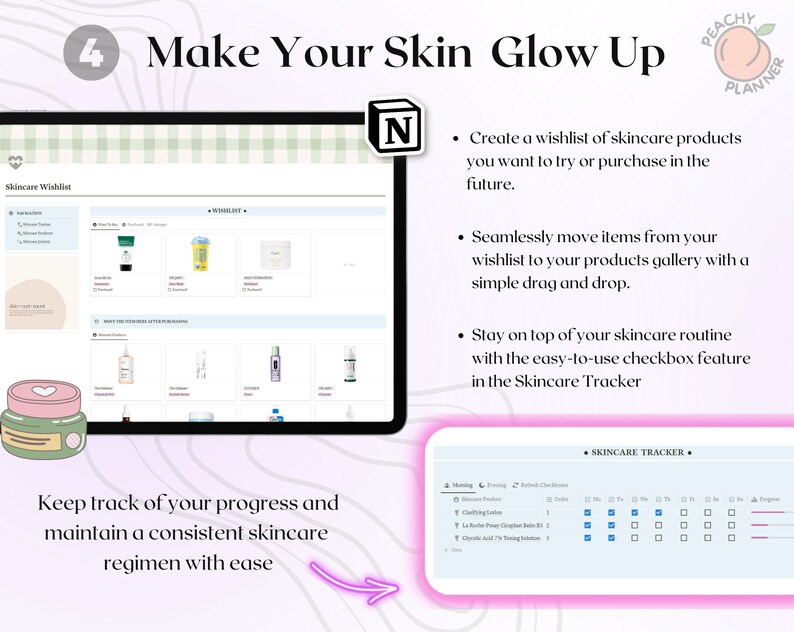 May include: A computer screen displaying a skincare wishlist and tracker. The screen shows a list of skincare products with checkboxes to track usage. The text on the screen reads "Skincare Wishlist" and "Skincare Tracker".