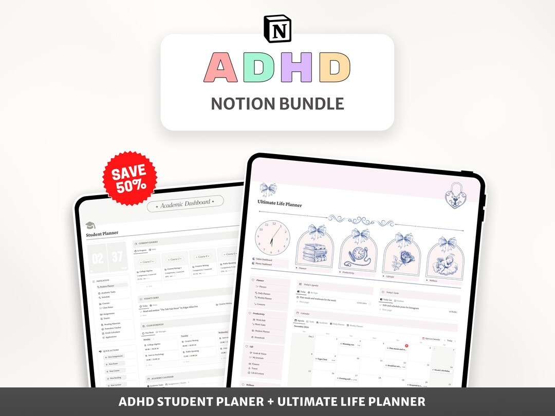 ADHD Notion Template Bundle: Student Planner & Life Planner Dashboard ...