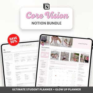 Glow Up Notion Planner Bundle: Light Academia Student & Wellness Life Planner Dashboard (Digital Download)