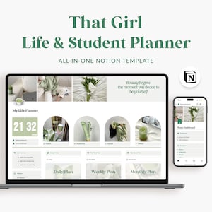 Könnte beinhalten: Ein Laptop-Bildschirm zeigt eine Notion-Vorlage für einen Lebens- und Studienplaner. Die Vorlage umfasst ein Dashboard, tägliche, wöchentliche und monatliche Pläne. Der Bildschirm zeigt auch ein Zitat: "Schönheit beginnt in dem Moment, in dem du dich entscheidest, du selbst zu sein."