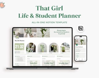 May include: A laptop computer screen displaying a Notion template for a life and student planner. The template includes a dashboard, daily, weekly, and monthly plans. The screen also features a quote: "Beauty begins the moment you decide to be yourself."