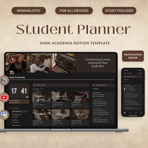 Peut inclure: Un ordinateur portable affichant un modèle Notion sur le thème de l'académie sombre pour la planification des études. Le modèle comprend des sections pour les cours, les devoirs et un centre de notification. L'ordinateur portable est sur une surface brune avec une citation qui dit "La constance est plus importante que la perfection".