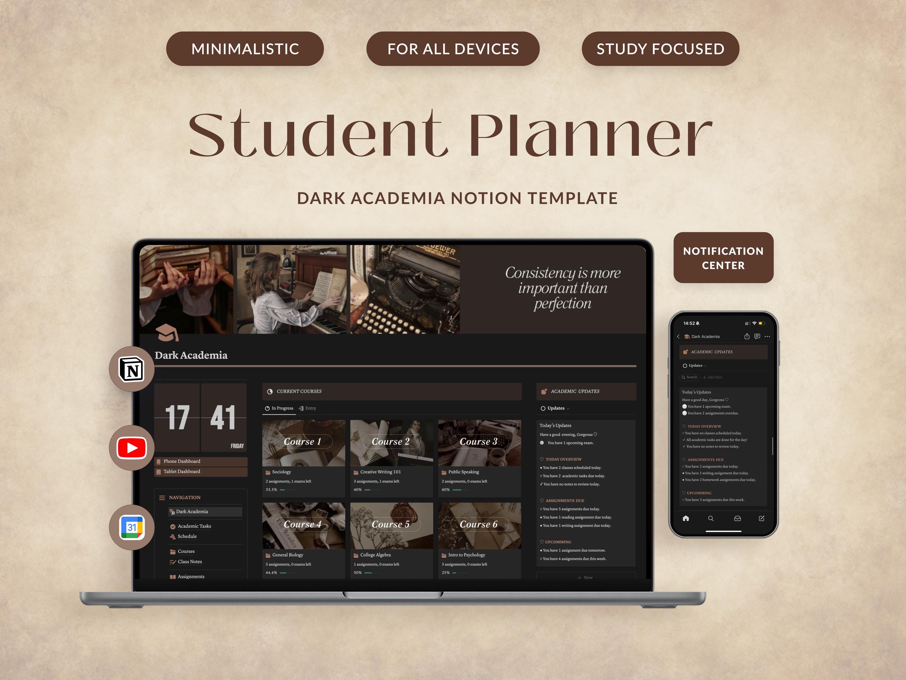 Dark Academia Notion Template, Notion Student Planner, Notion Academic Planner Notion University College Planner Aesthetic Student Dashboard