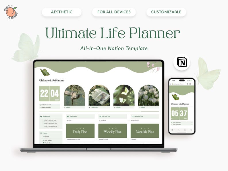 May include: A laptop and a smartphone display a green and white Notion template for an Ultimate Life Planner. The template includes sections for daily, weekly, and monthly planning. The template is customizable and can be used on all devices.