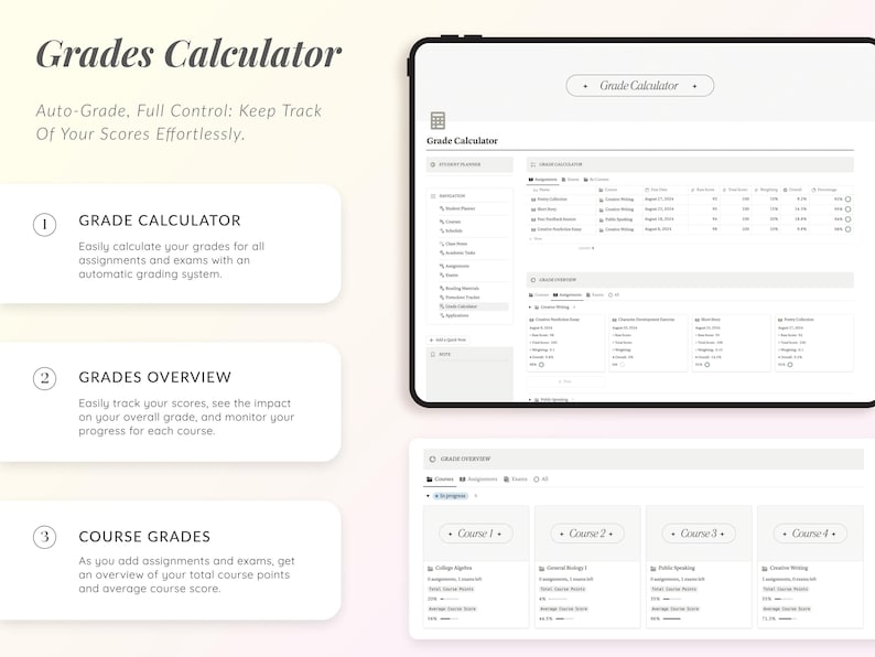 Puede incluir: Una captura de pantalla de un sitio web para una calculadora de calificaciones. El sitio web tiene un fondo blanco y presenta una interfaz gris claro. El sitio web est&aacute; dividido en tres secciones: Calculadora de calificaciones, Resumen de calificaciones y Calificaciones del curso. Cada secci&oacute;n tiene un n&uacute;mero y un t&iacute;tulo. La secci&oacute;n Calculadora de calificaciones muestra una tabla con columnas para las tareas, las puntuaciones y las calificaciones. La secci&oacute;n Resumen de calificaciones muestra una tabla con columnas para los cursos, las tareas, las puntuaciones y las calificaciones. La secci&oacute;n Calificaciones del curso muestra una tabla con columnas para los cursos, las tareas, las puntuaciones y las calificaciones.