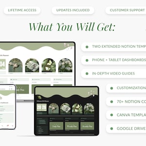 May include: A digital mockup of a Notion planner with a green and white color scheme. The planner includes a dashboard, daily, weekly, and monthly views. The text "Ultimate Life Planner" is visible on the screen. The image also includes a list of features, including two extended Notion templates, phone and tablet dashboards, in-depth video guides, a customization guide, 70+ Notion covers, Canva templates, and a Google Drive folder.