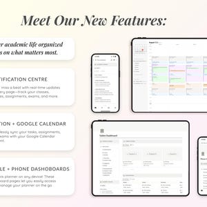 Puede incluir: Una captura de pantalla de un sitio web que muestra las caracter&iacute;sticas de una aplicaci&oacute;n de planificaci&oacute;n digital. La aplicaci&oacute;n tiene un centro de notificaciones, se integra con Google Calendar y Notion, y tiene paneles de control para tabletas y tel&eacute;fonos. El texto en la pantalla dice "Conoce nuestras nuevas funciones: Mant&eacute;n tu vida acad&eacute;mica organizada y enf&oacute;cate en lo que m&aacute;s importa."