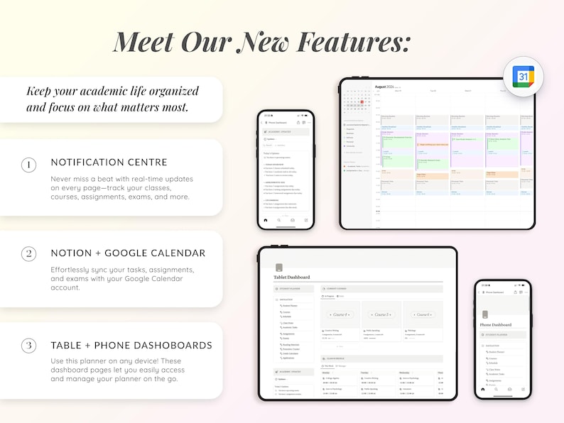 Puede incluir: Una captura de pantalla de un sitio web que muestra las caracter&iacute;sticas de una aplicaci&oacute;n de planificaci&oacute;n digital. La aplicaci&oacute;n tiene un centro de notificaciones, se integra con Google Calendar y Notion, y tiene paneles de control para tabletas y tel&eacute;fonos. El texto en la pantalla dice "Conoce nuestras nuevas funciones: Mant&eacute;n tu vida acad&eacute;mica organizada y enf&oacute;cate en lo que m&aacute;s importa."